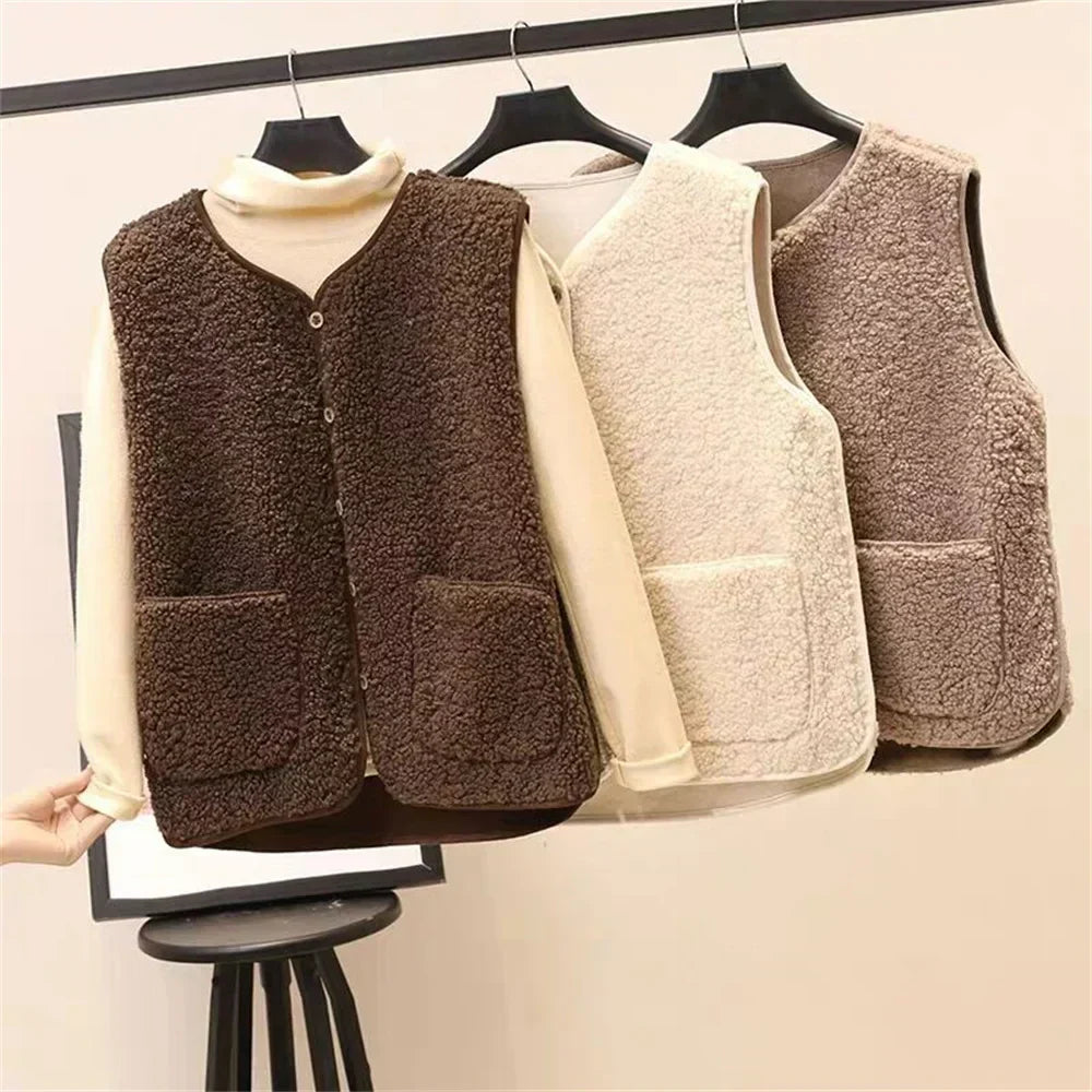 Teddy Fleece Gilet Buttoned Sleeveless Layering Autumn Winter