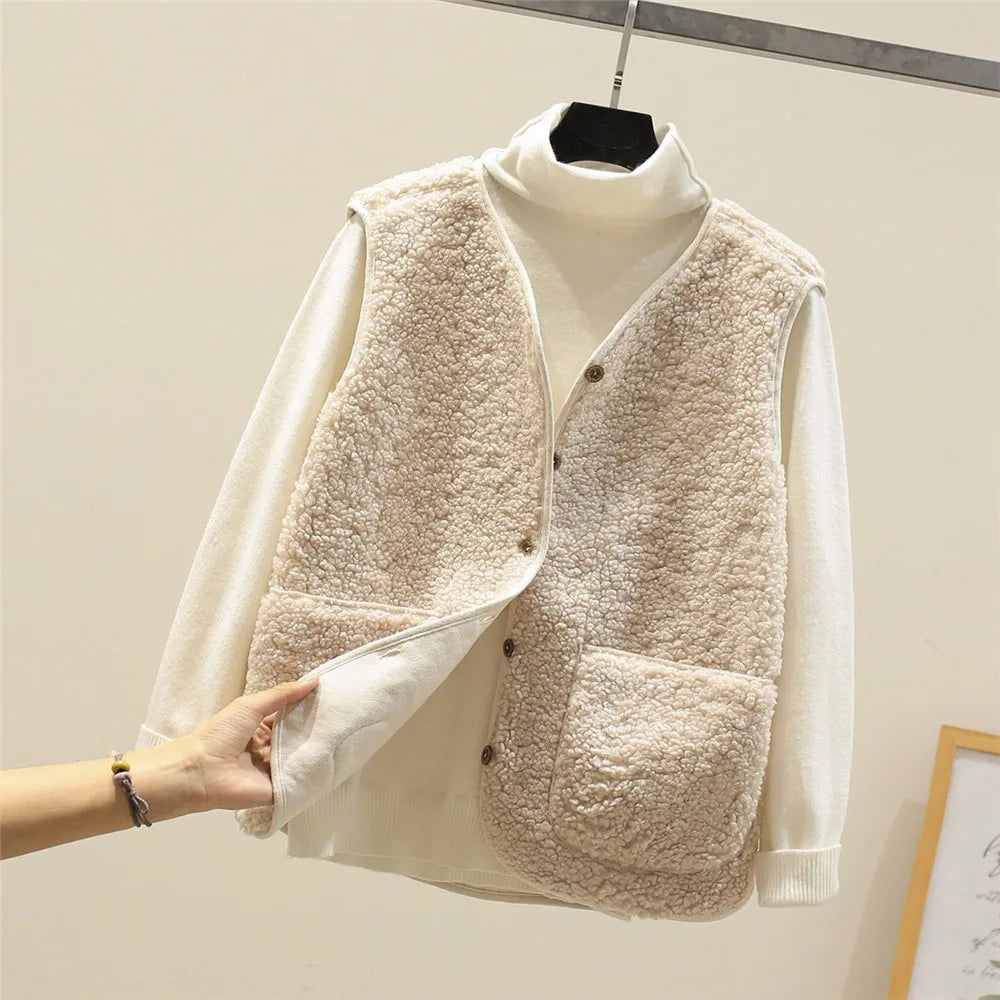 Teddy Fleece Gilet Buttoned Sleeveless Layering Autumn Winter
