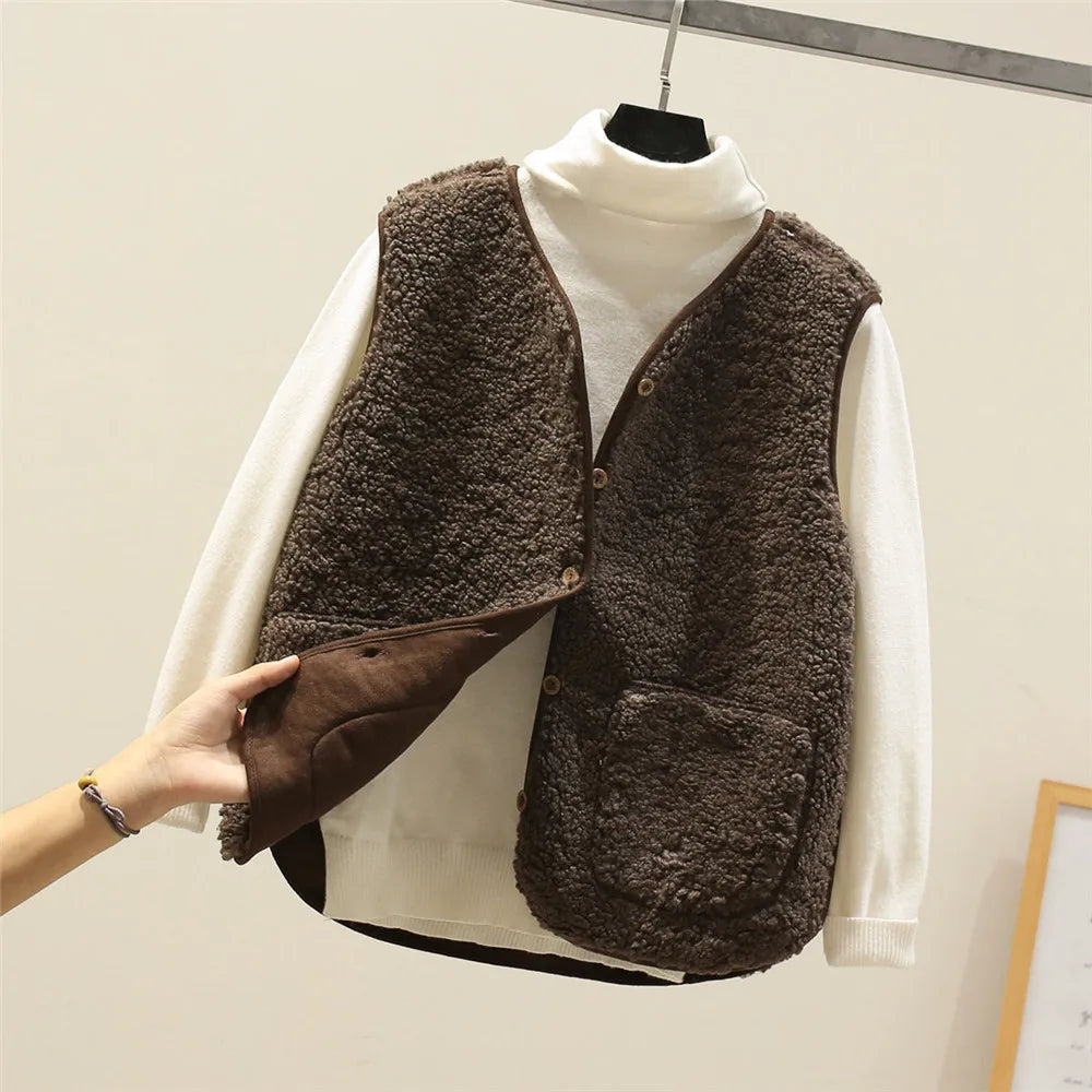 Teddy Fleece Gilet Buttoned Sleeveless Layering Autumn Winter