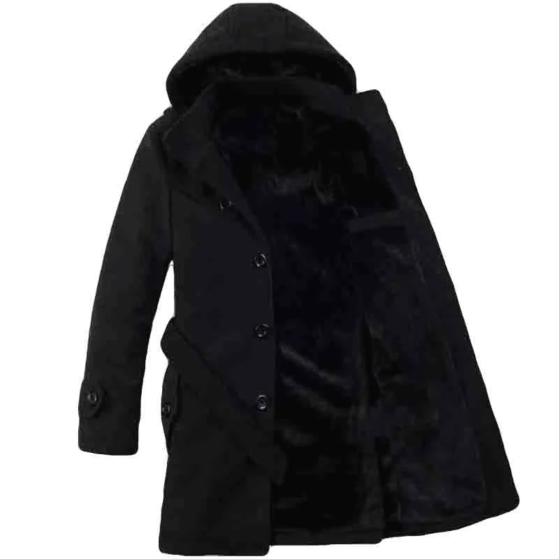 Men's Trench Coat Hooded Wool Blend Faux Fur Lining Buttoned