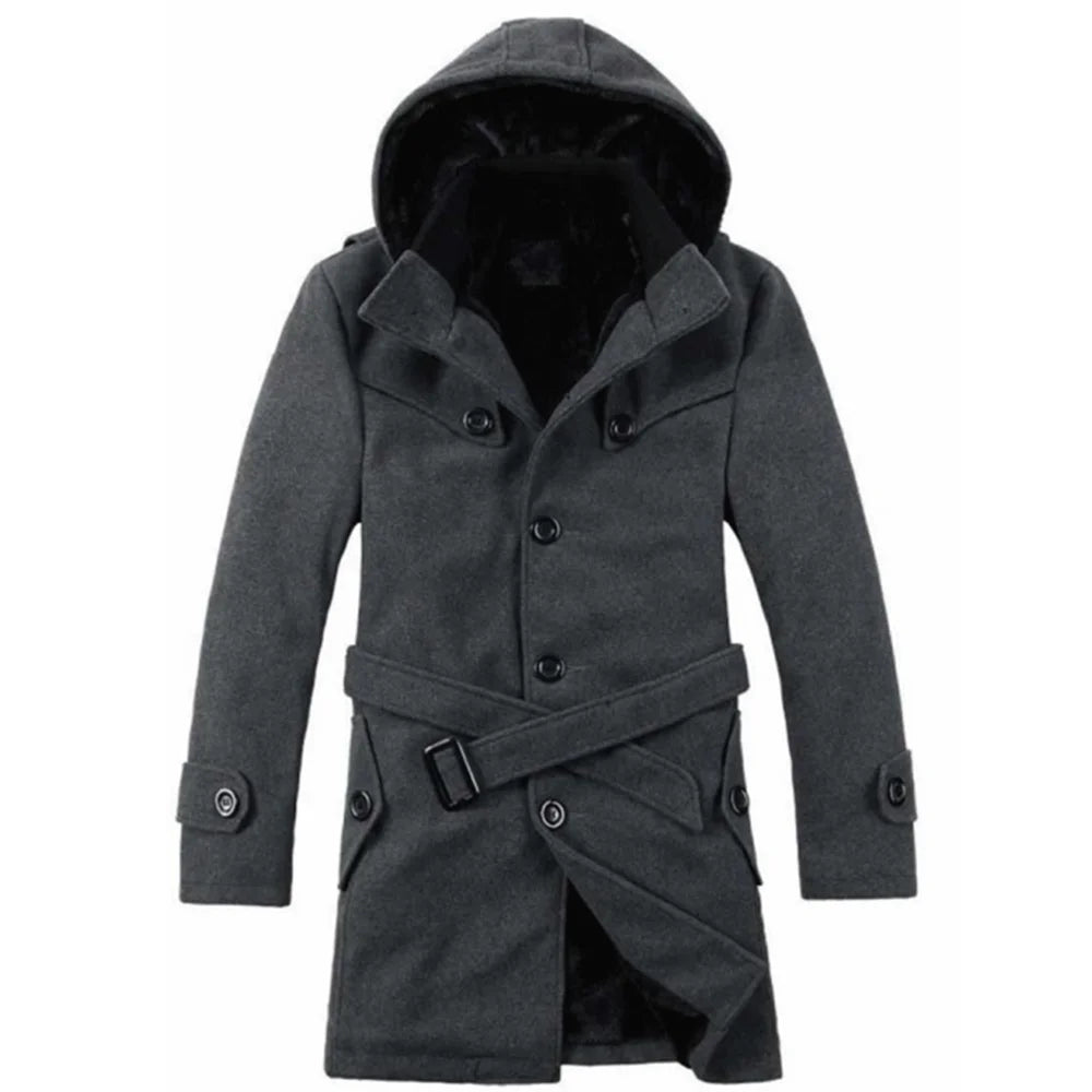 Men's Trench Coat Hooded Wool Blend Faux Fur Lining Buttoned