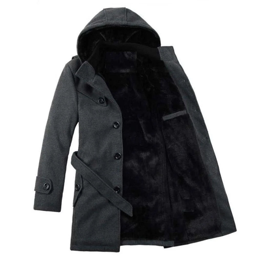 Men's Trench Coat Hooded Wool Blend Faux Fur Lining Buttoned