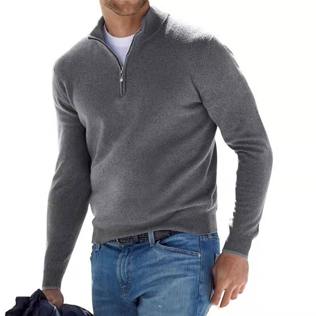 Men's V Neck Jumper Zip Detail Knit Slim Fit