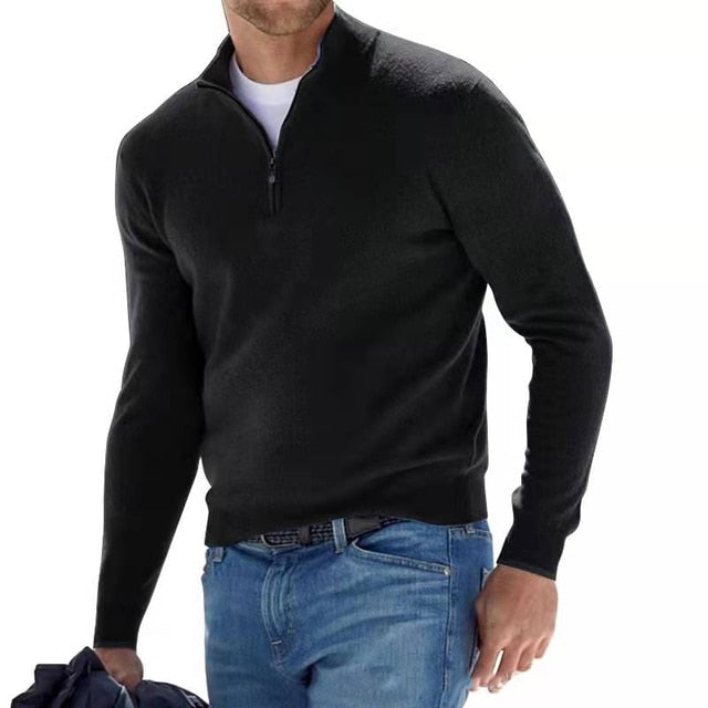 Men's V Neck Jumper Zip Detail Knit Slim Fit