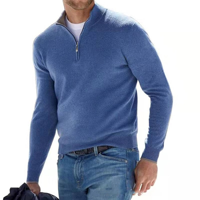 Men's V Neck Jumper Zip Detail Knit Slim Fit