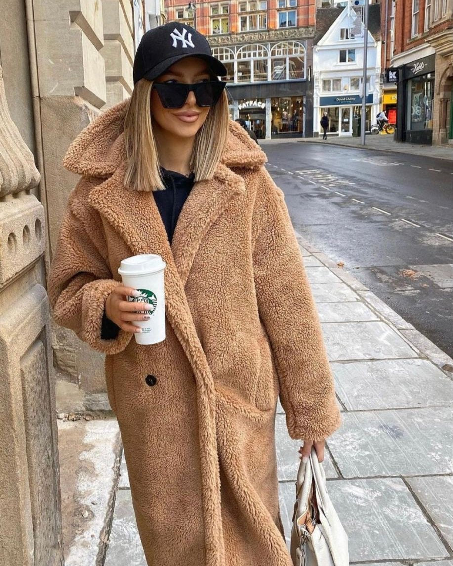 Long Teddy Coat Soft Plush Warm Look Comfortable Winter