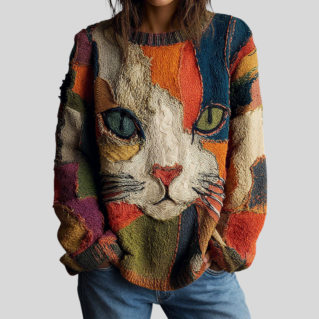 Zaira artistic cat print top by Bennett and Lowe, featuring vibrant feline artwork on a stylish casual shirt.