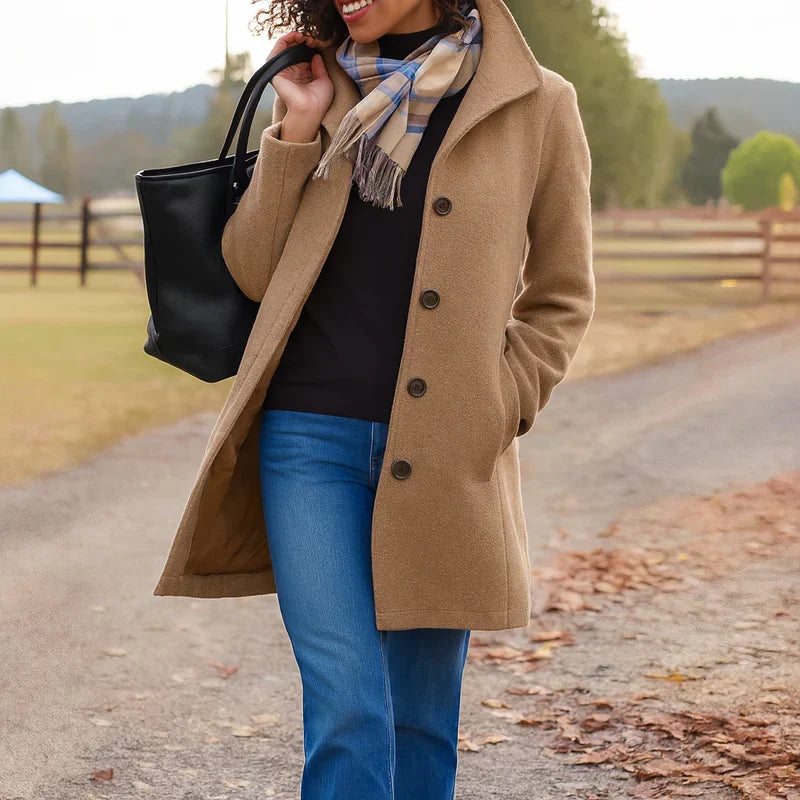 Mid Length Button Coat Classic Refined Everyday Elegant