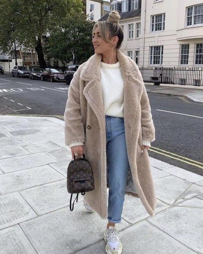 Long Teddy Coat Soft Plush Warm Look Comfortable Winter