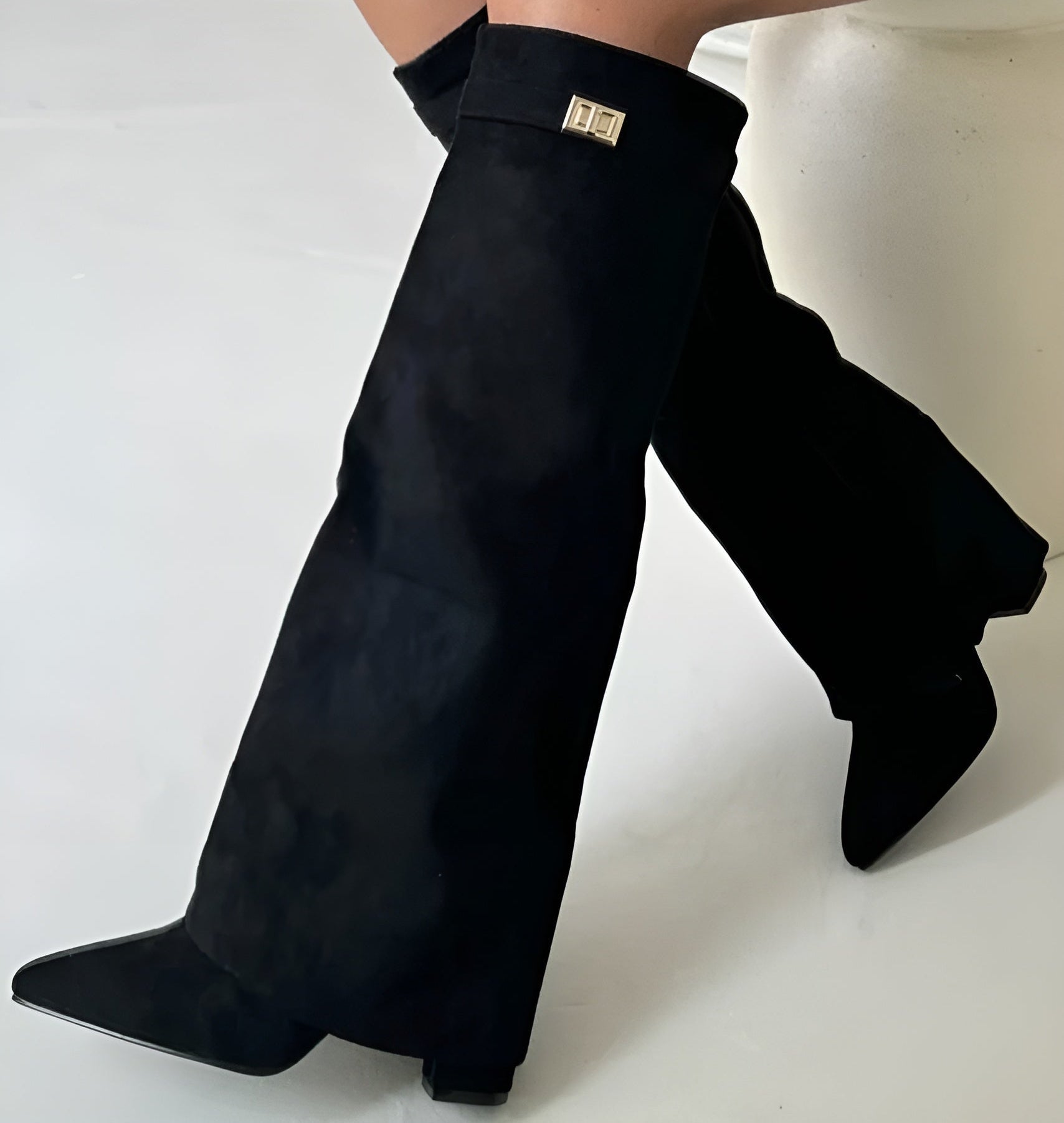 Block Heel Boots Buckle Detail Suede Leather Look Elegant