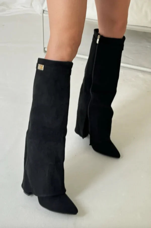 Block Heel Boots Buckle Detail Suede Leather Look Elegant