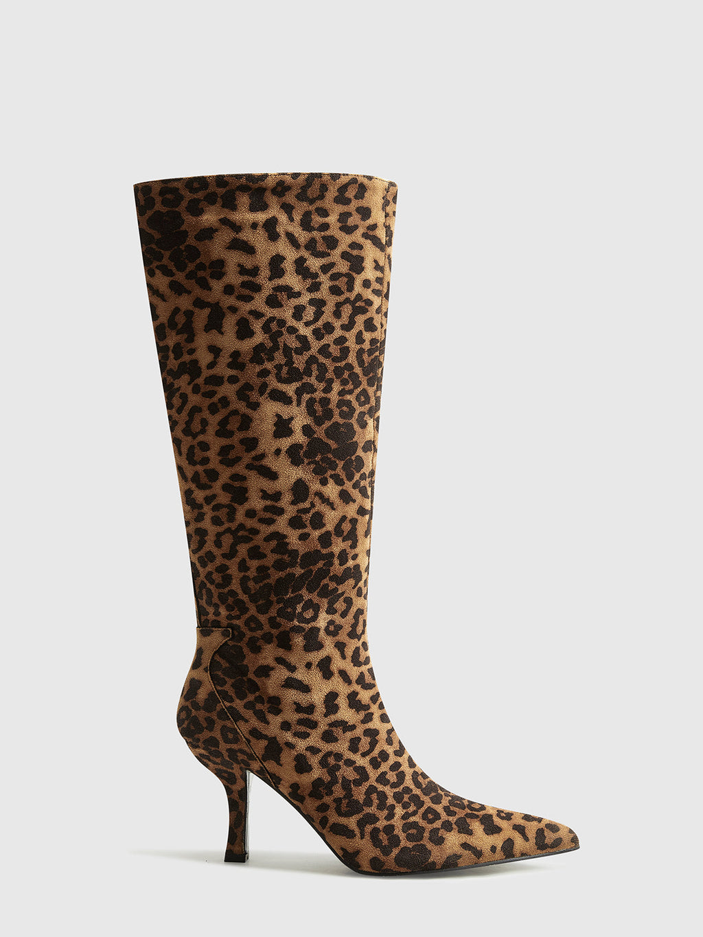 Leopard Print Knee High Boots Suede Pointed Toe Mid Heel