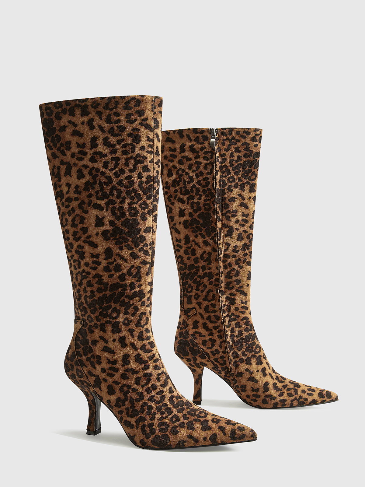 Leopard Print Knee High Boots Suede Pointed Toe Mid Heel