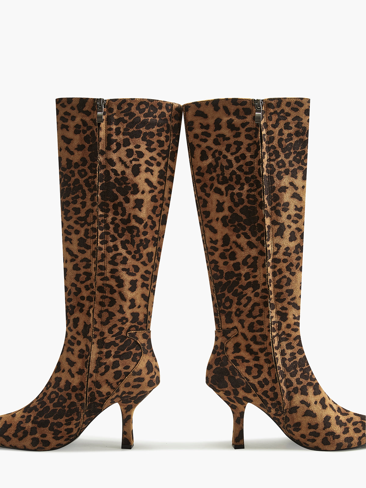 Leopard Print Knee High Boots Suede Pointed Toe Mid Heel