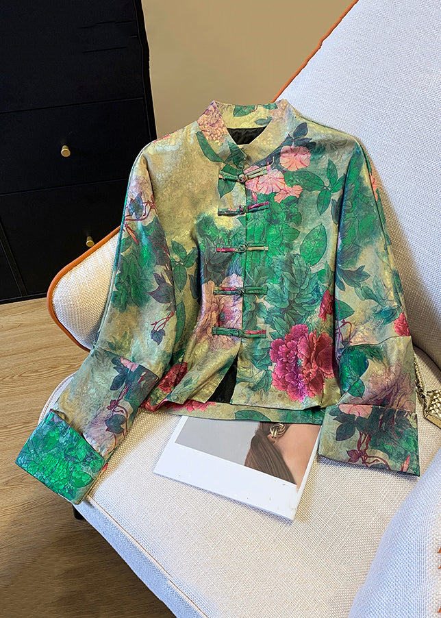 Silk coat with green Chinese button print
