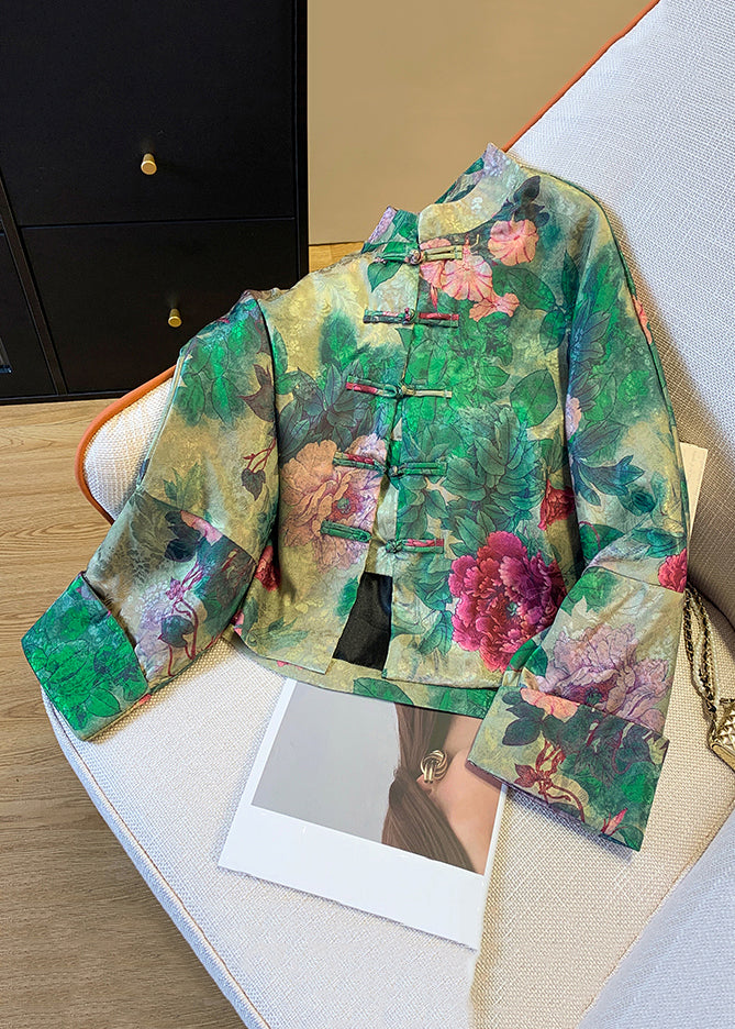 Silk coat with green Chinese button print