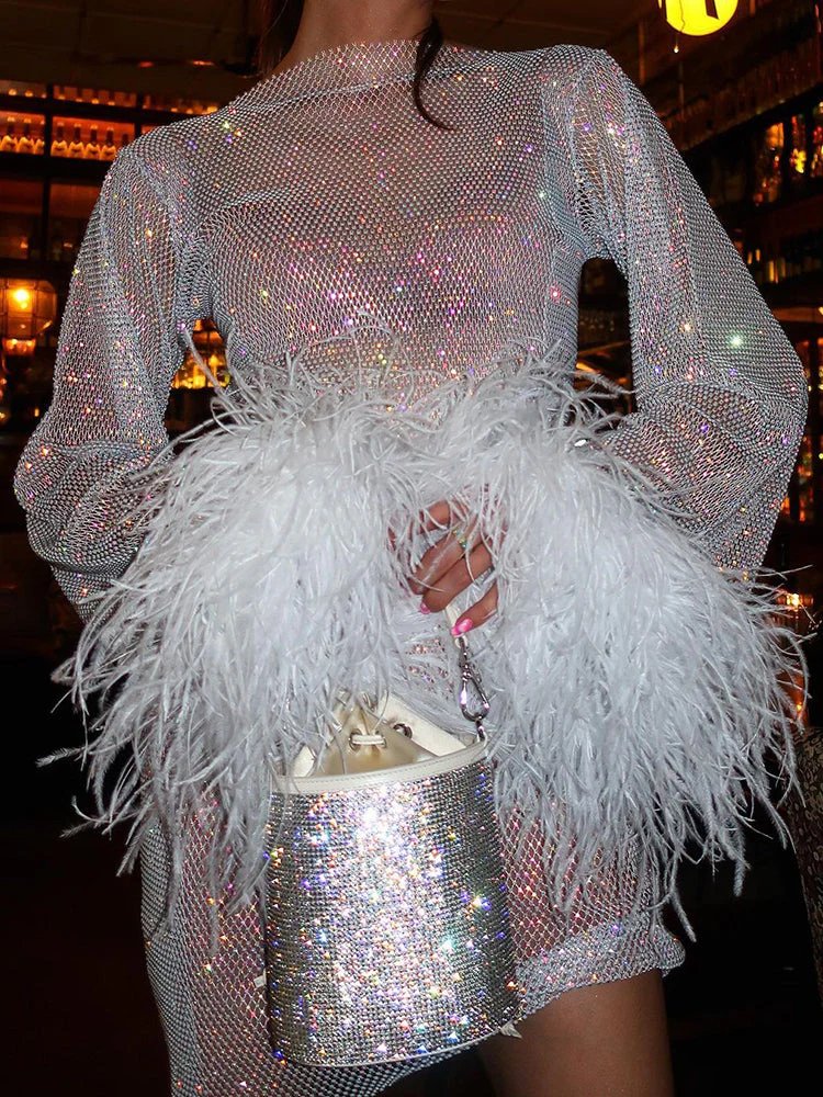 Cocktail Mini Dress Long Sleeve Feather Trim Shimmer Party