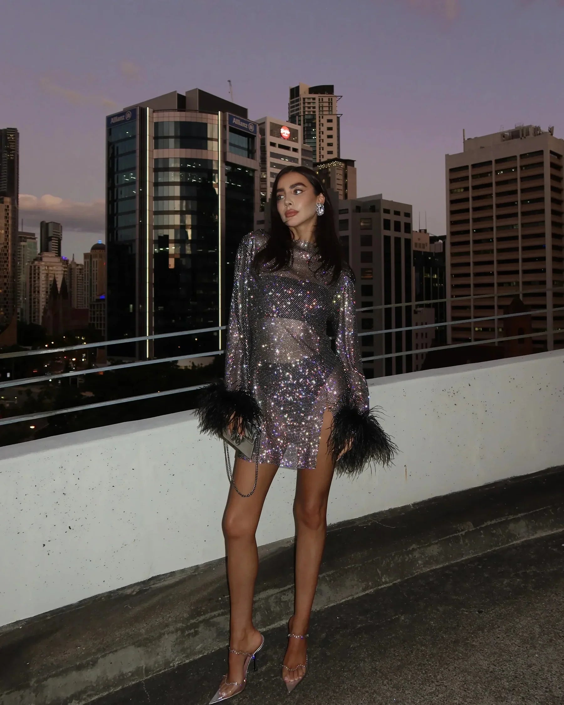 Cocktail Mini Dress Long Sleeve Feather Trim Shimmer Party