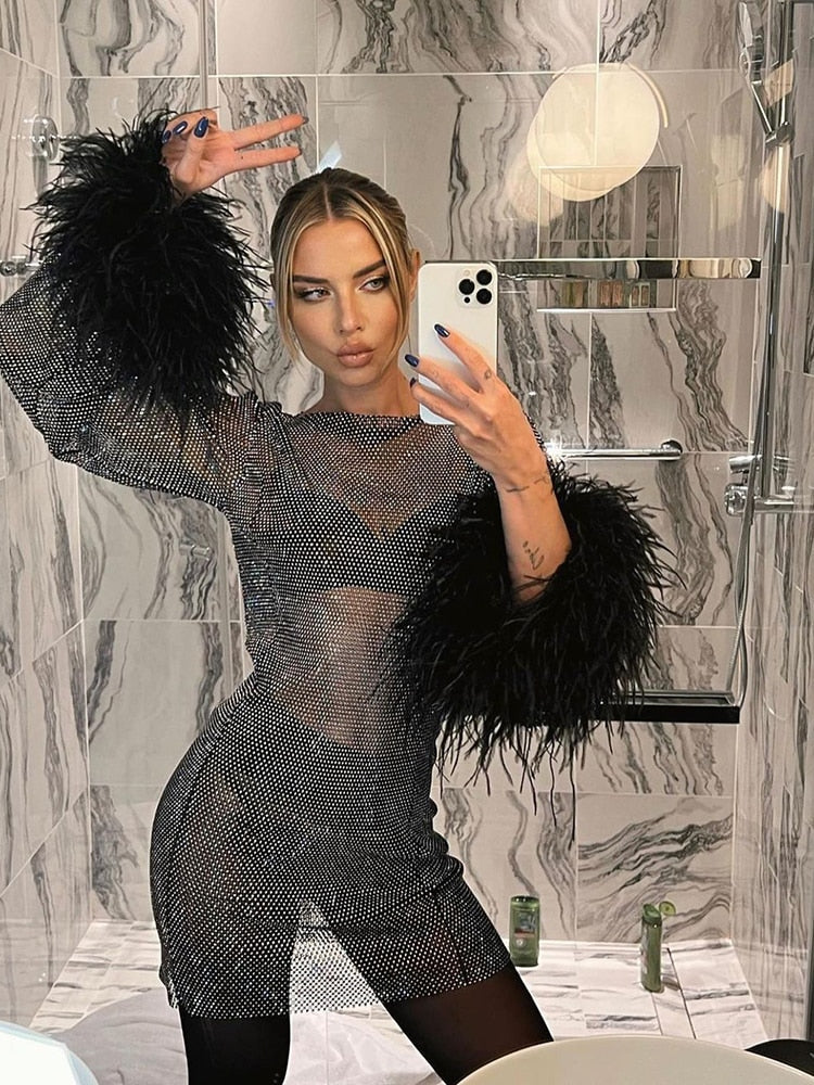 Cocktail Mini Dress Long Sleeve Feather Trim Shimmer Party