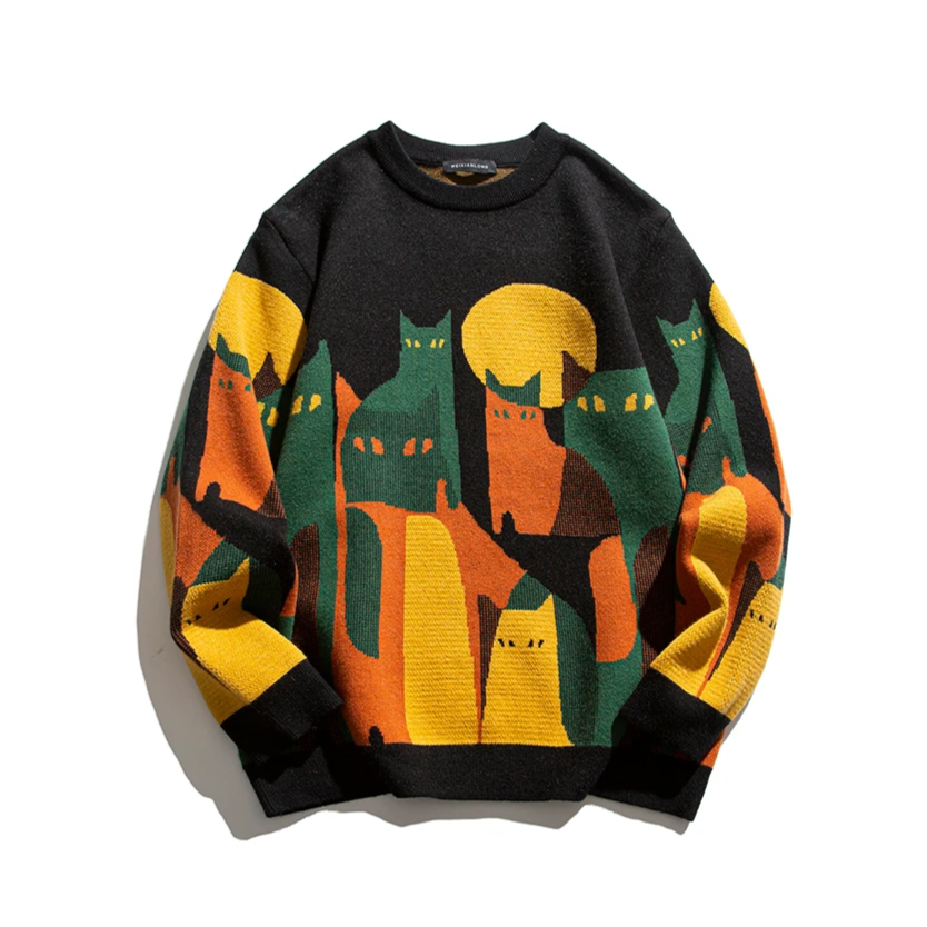 Cat Print Jumper Novelty Knit Round Neck Long Sleeve