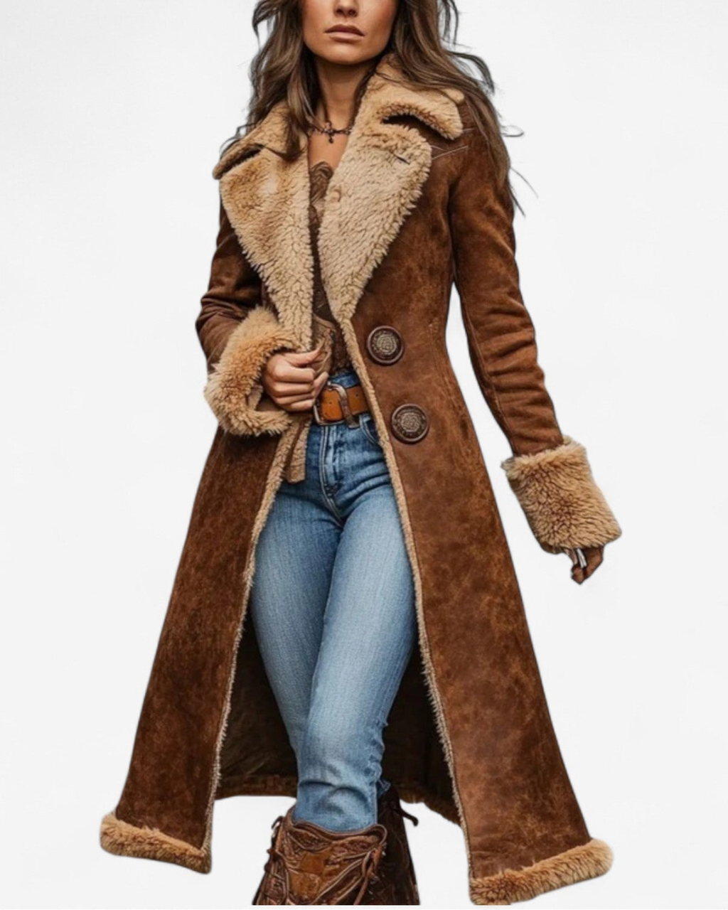 Retro Long Jacket Faux Fur Accents Vintage Style
