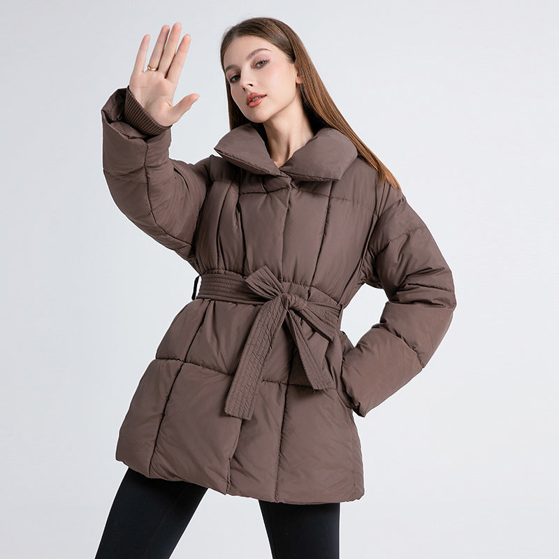 Fitted Thermal Quilted Coat Tie Belt Square Quilting