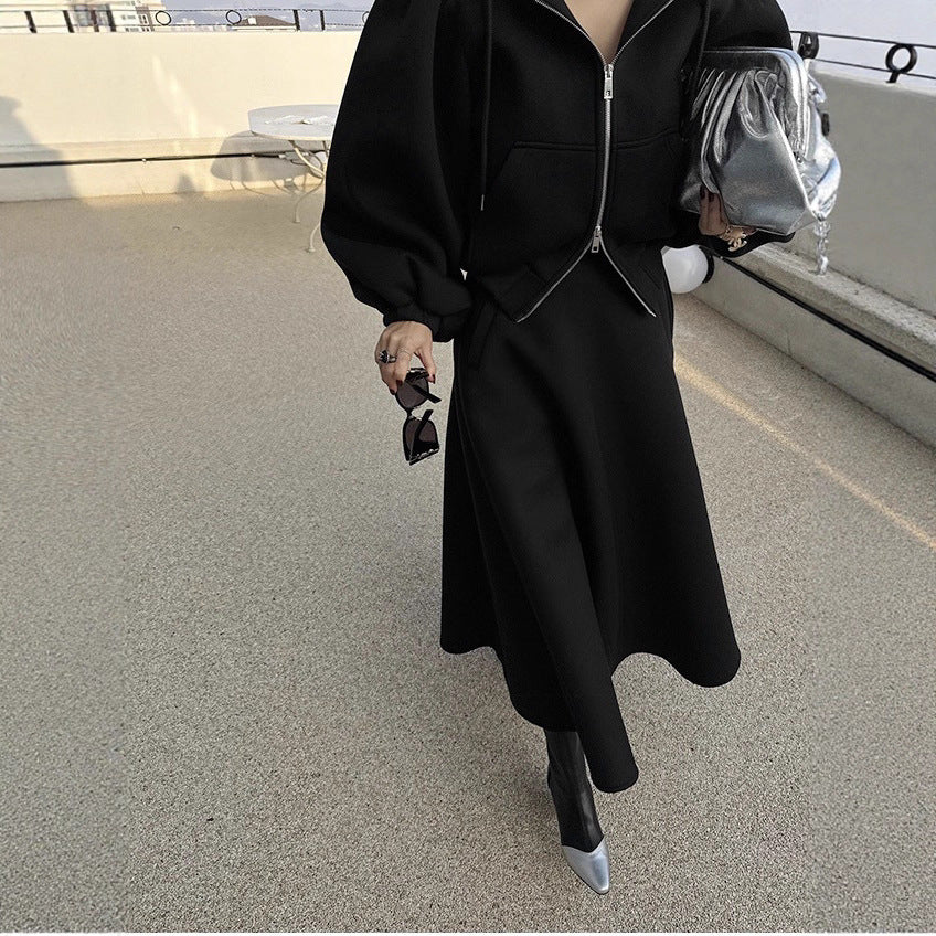 Sweat Set Balloon Sleeves Flared Midi Skirt Two Piece