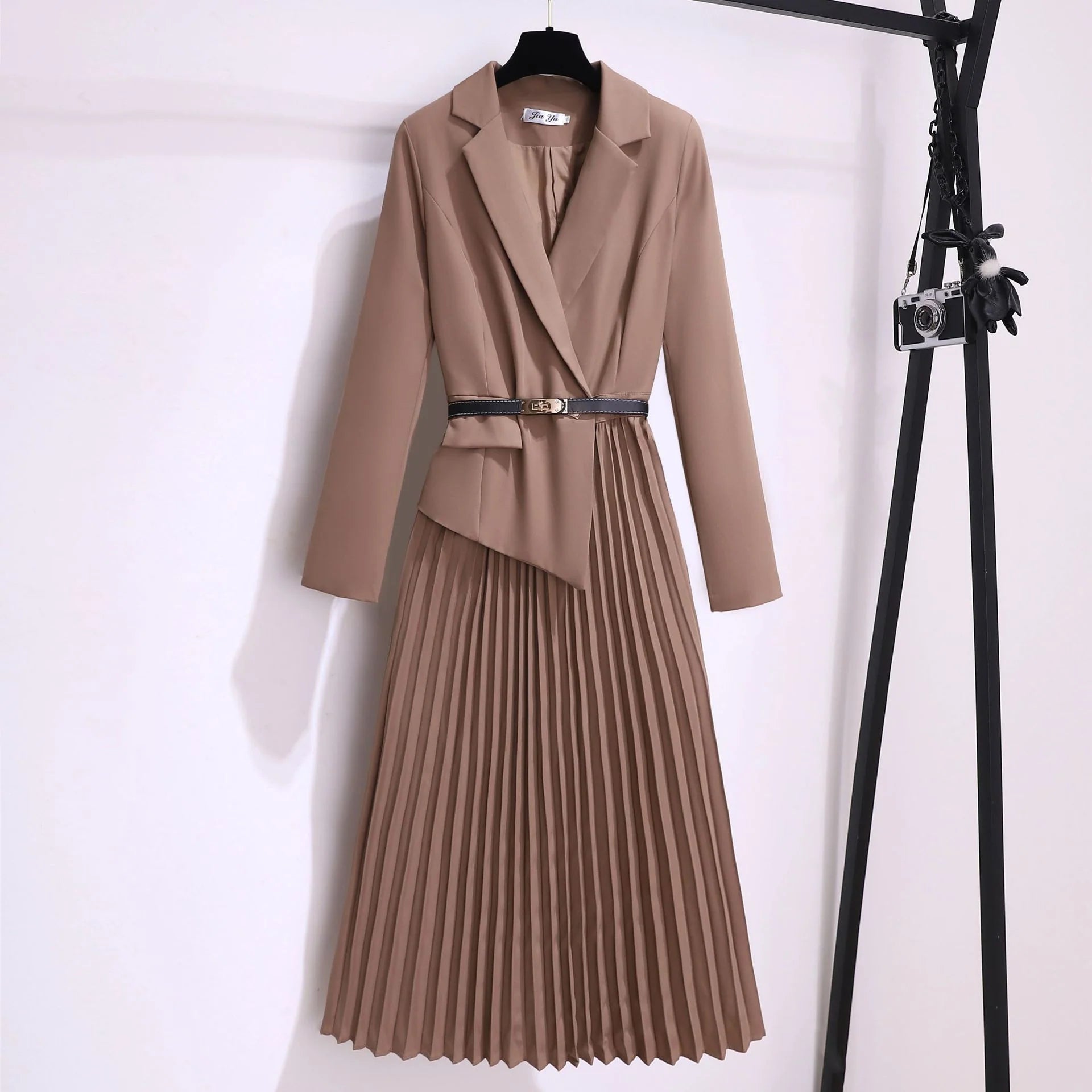 Women’s Pleated Blazer Dress Belted Long Sleeve