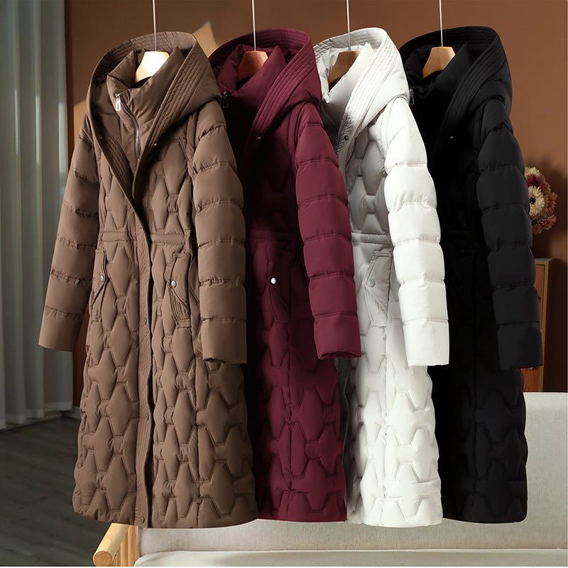 Long Quilted Winter Coat Hooded Tailored Silhouette Warm