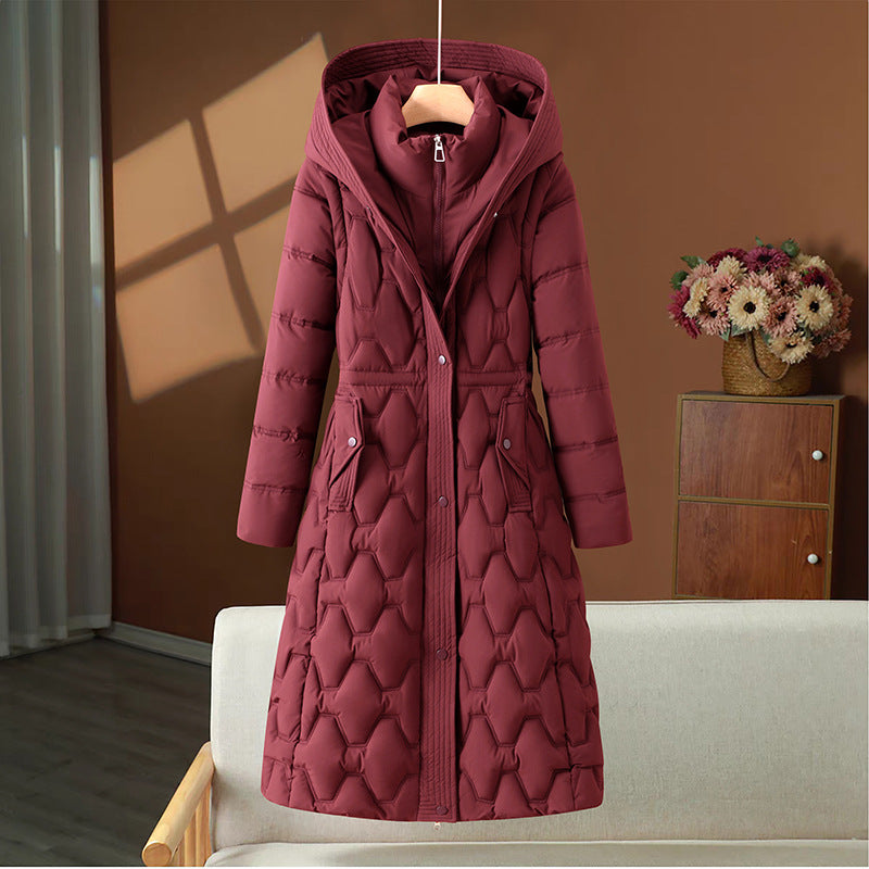 Long Quilted Winter Coat Hooded Tailored Silhouette Warm