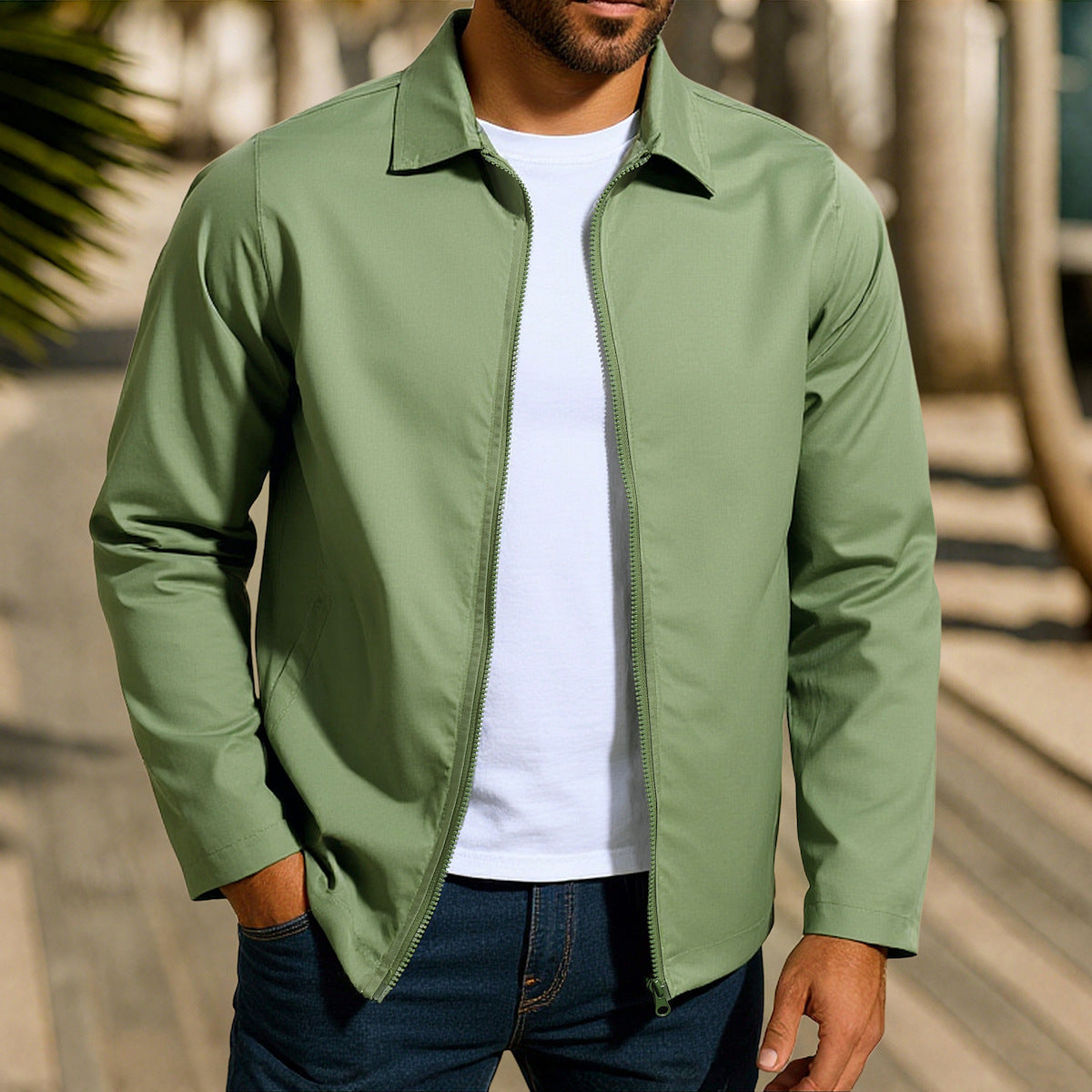 Casual men's jacket with innovative wind protection technology