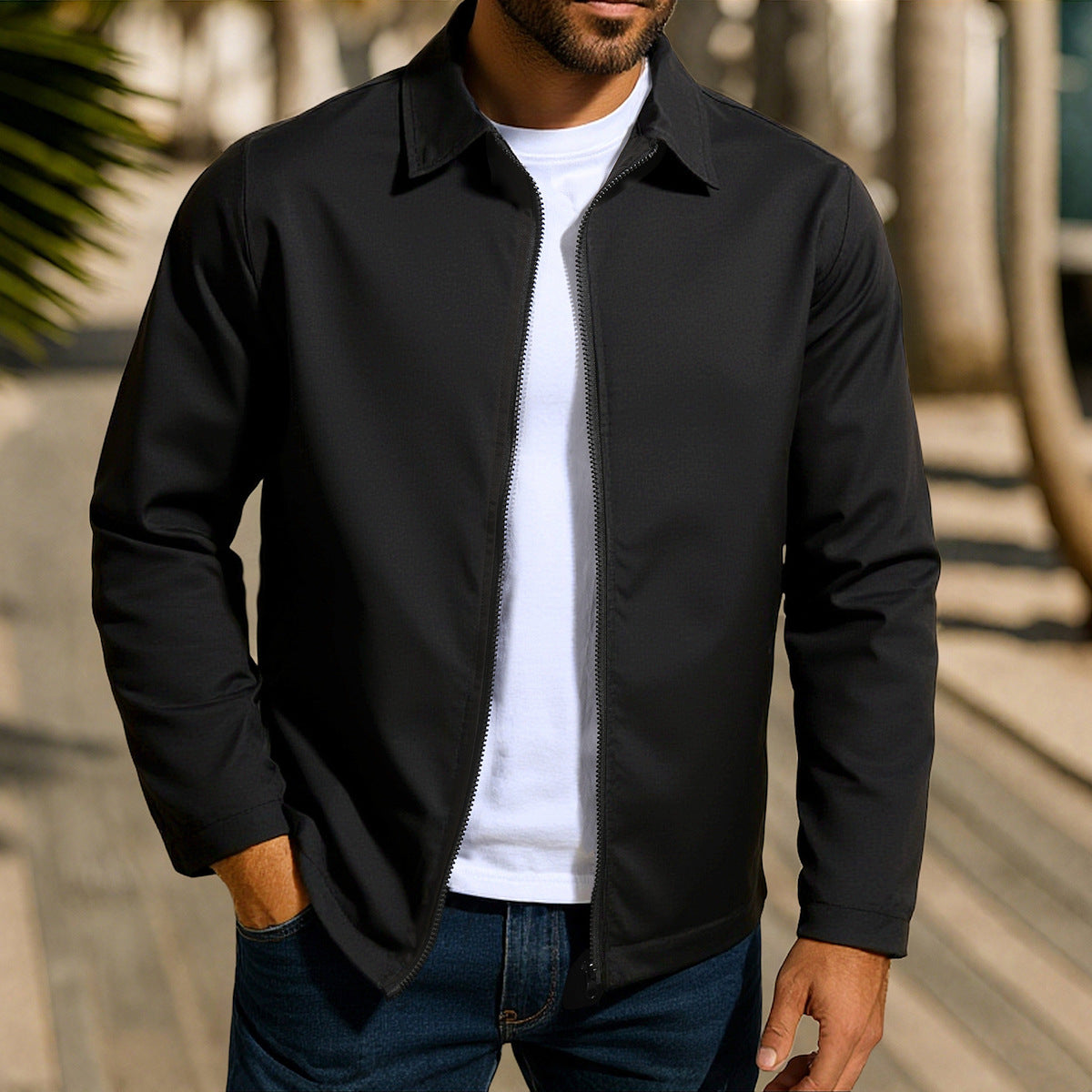 Casual men's jacket with innovative wind protection technology