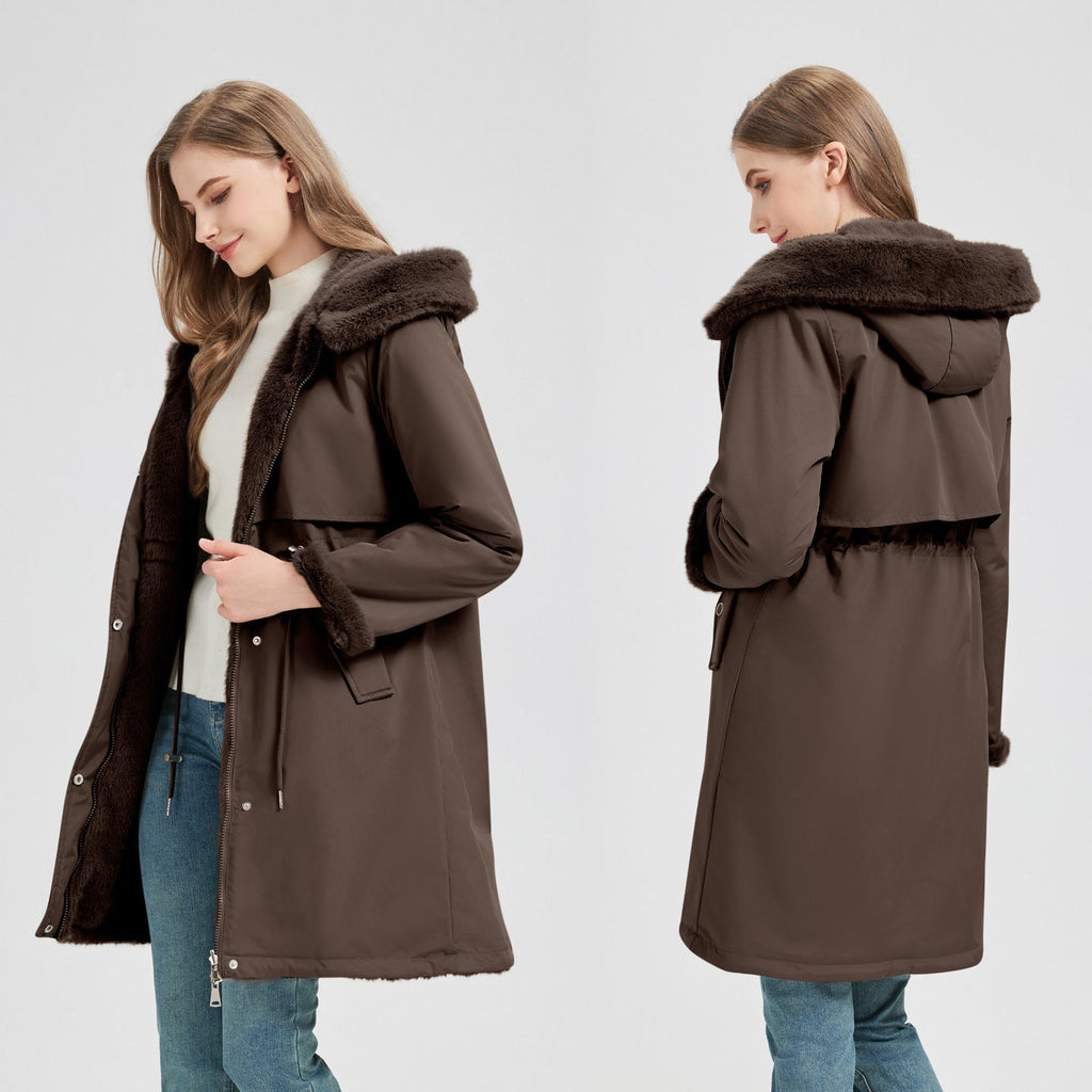 Long Parka Detachable Hood Adjustable Waist Drawstring