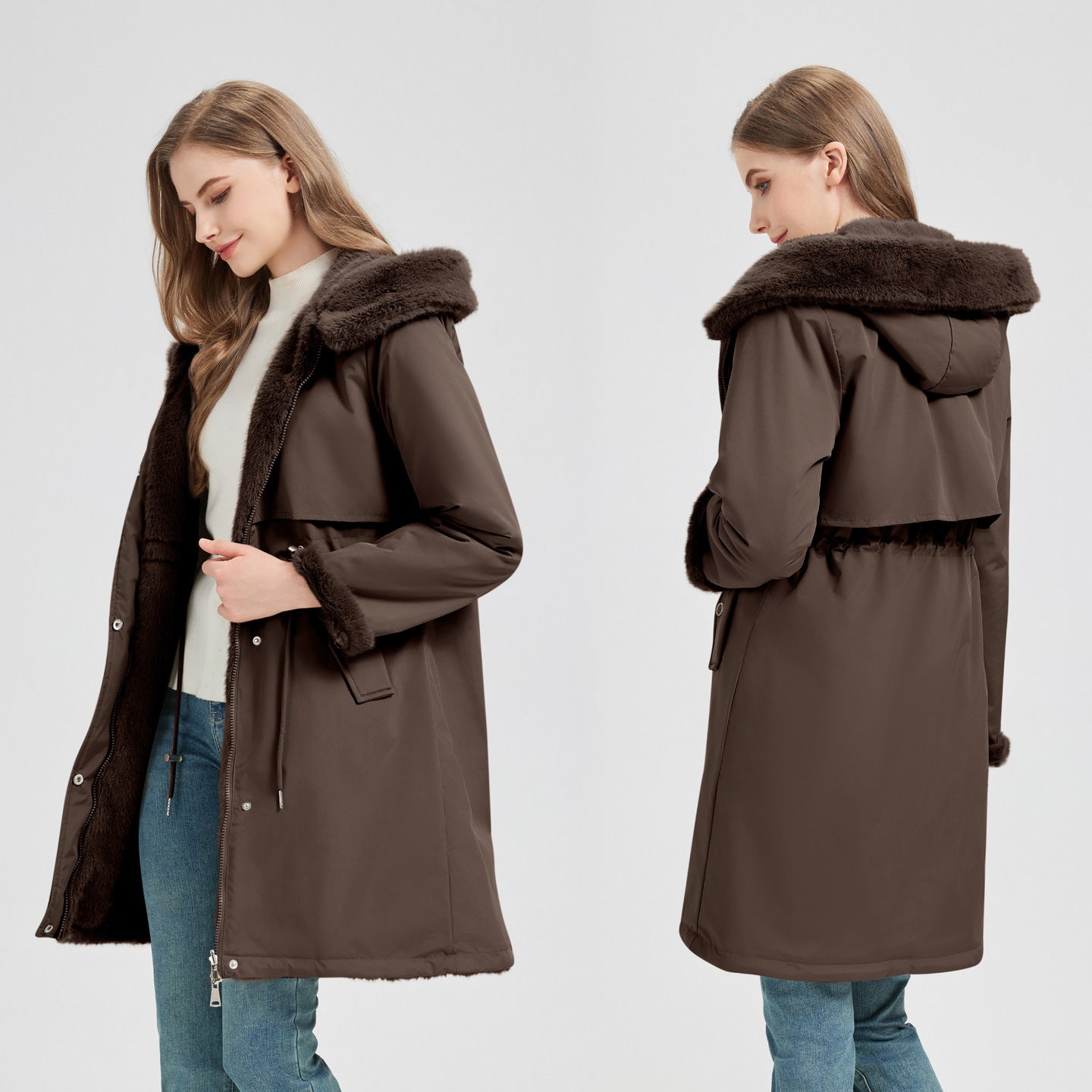 Long Parka Detachable Hood Adjustable Waist Drawstring