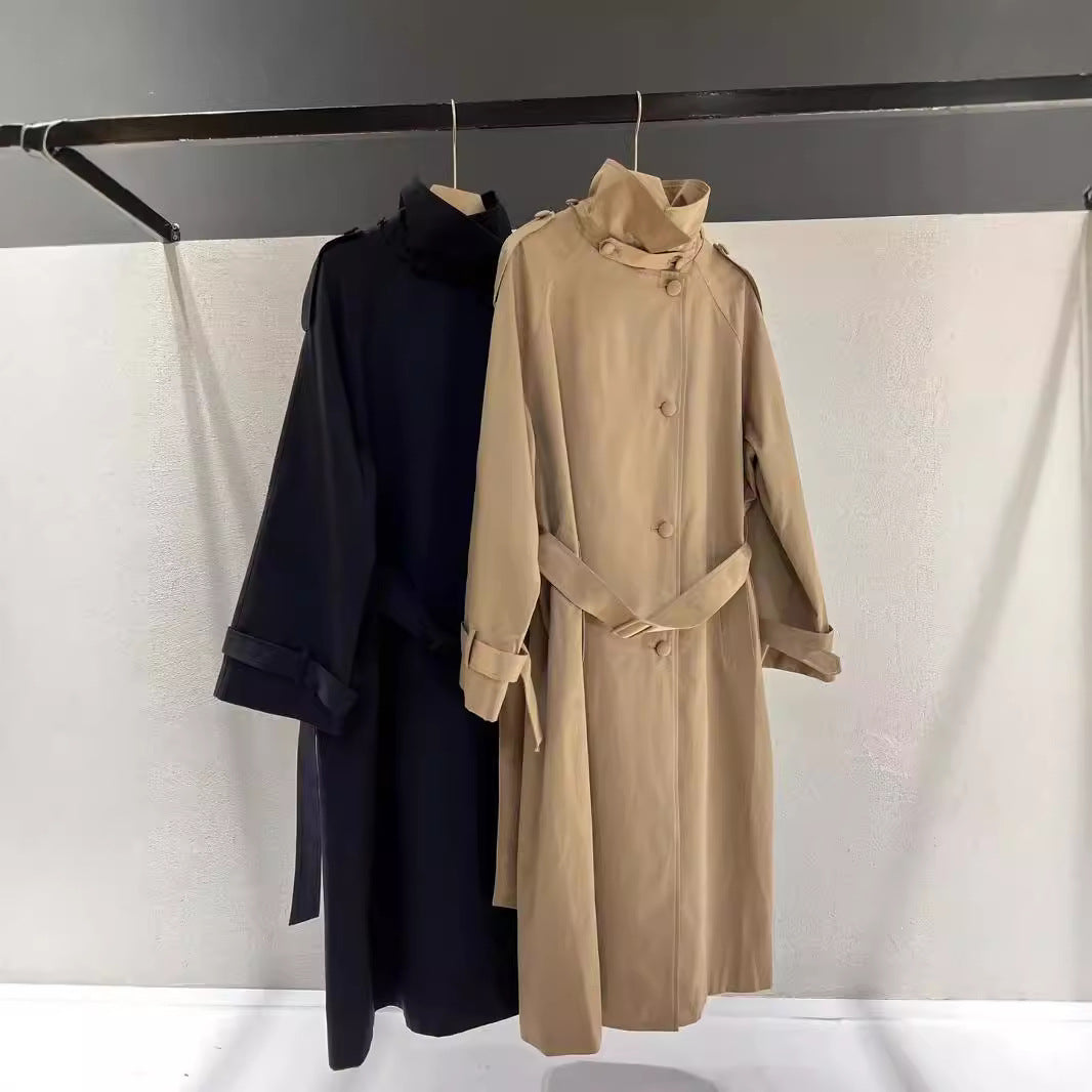 Maxi Length Trench Coat High Stand Collar Waist Belt