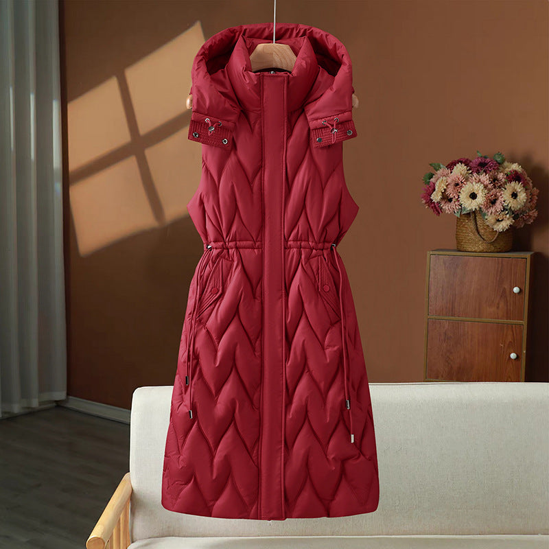 Long Quilted Gilet Hooded Adjustable Drawstring Waist