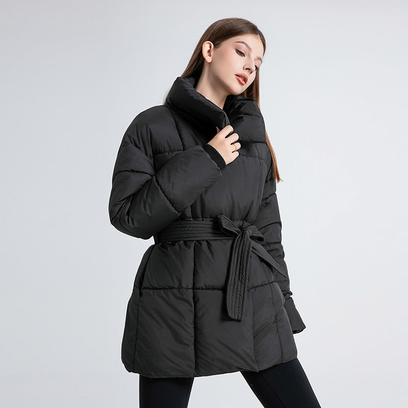Fitted Thermal Quilted Coat Tie Belt Square Quilting