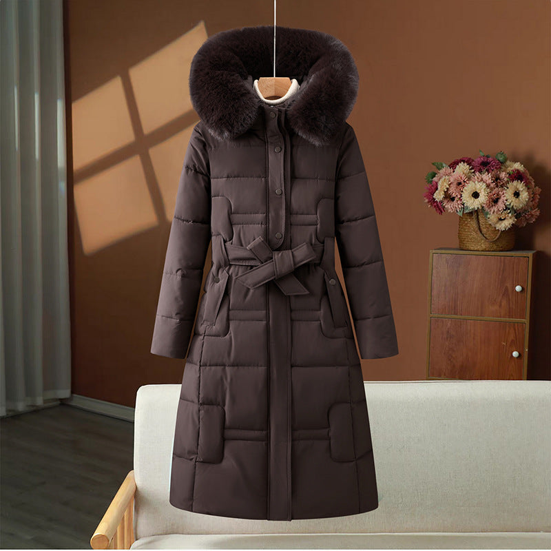 Long Quilted Winter Coat Detachable Faux Fur Collar