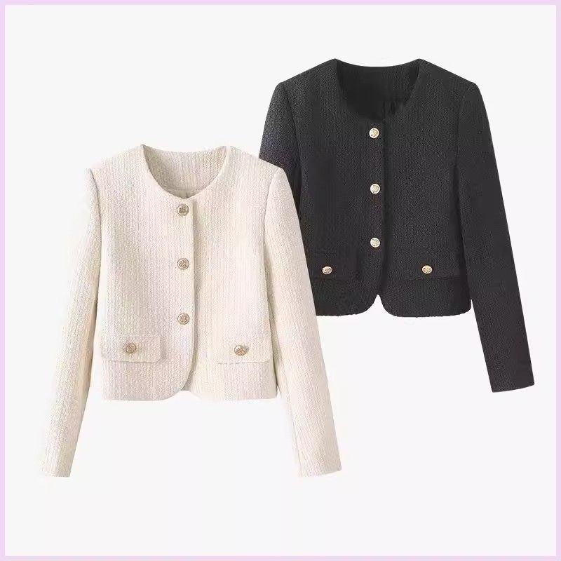 Elegant Short Tweed Jacket for Women with Gold Buttons