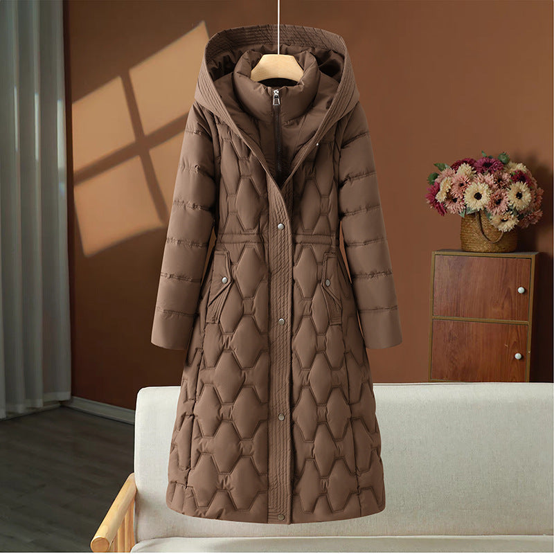 Long Quilted Winter Coat Hooded Tailored Silhouette Warm