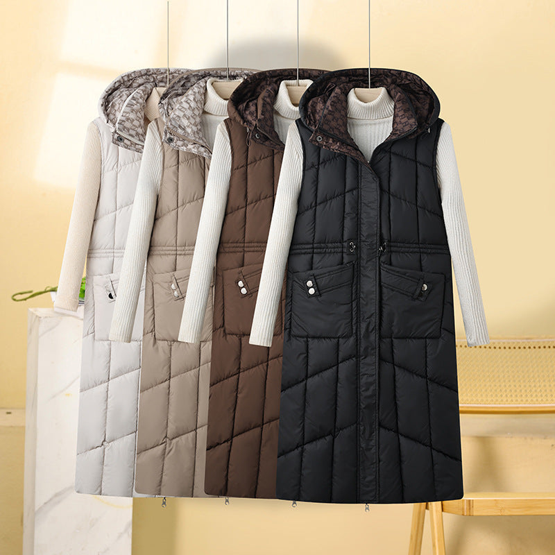 Long Thermal Quilted Gilet Hooded Multi Pocket Winter