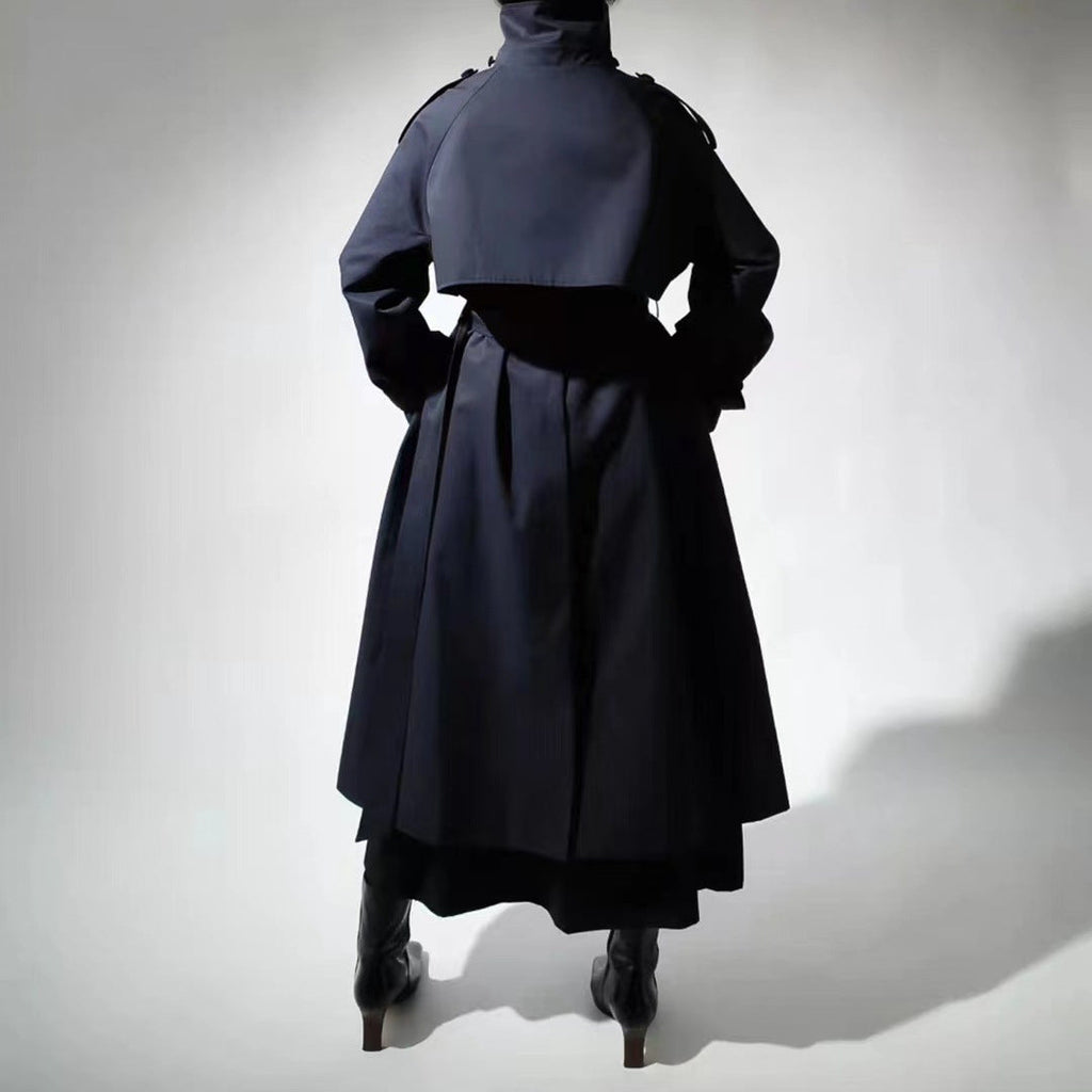 Maxi Length Trench Coat High Stand Collar Waist Belt