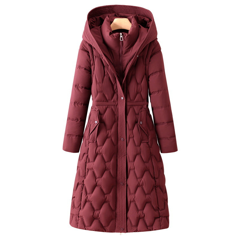 Long Quilted Winter Coat Hooded Tailored Silhouette Warm