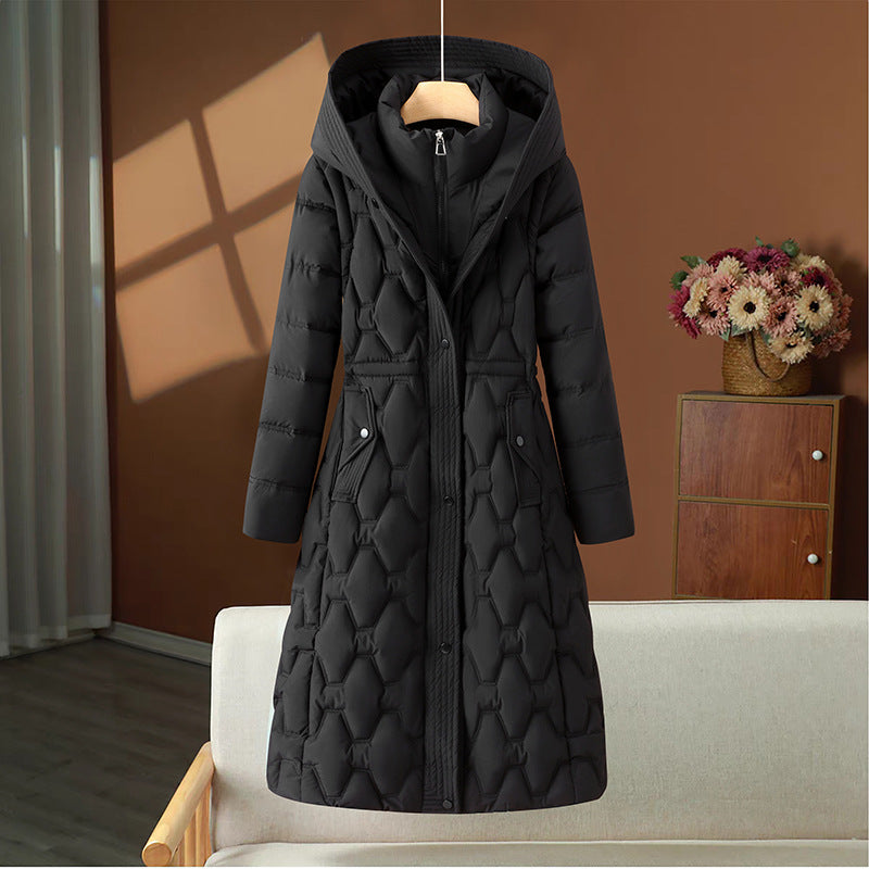 Long Quilted Winter Coat Hooded Tailored Silhouette Warm