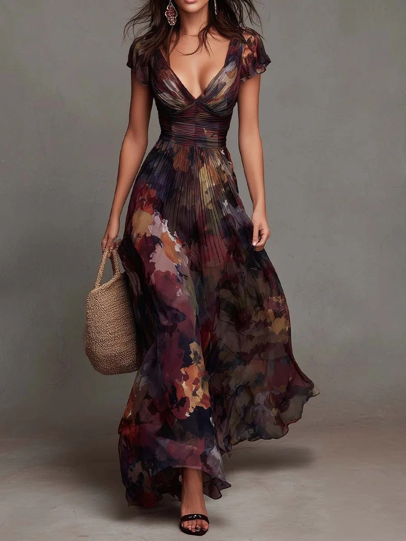 Watercolor floral pleated maxi dress for women by Bennett and Lowe, featuring camellia print and flowing fabric.