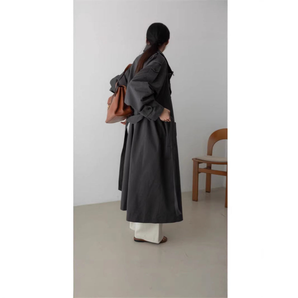 Oversized Trench Coat Maxi Length Waist Belt Epaulettes