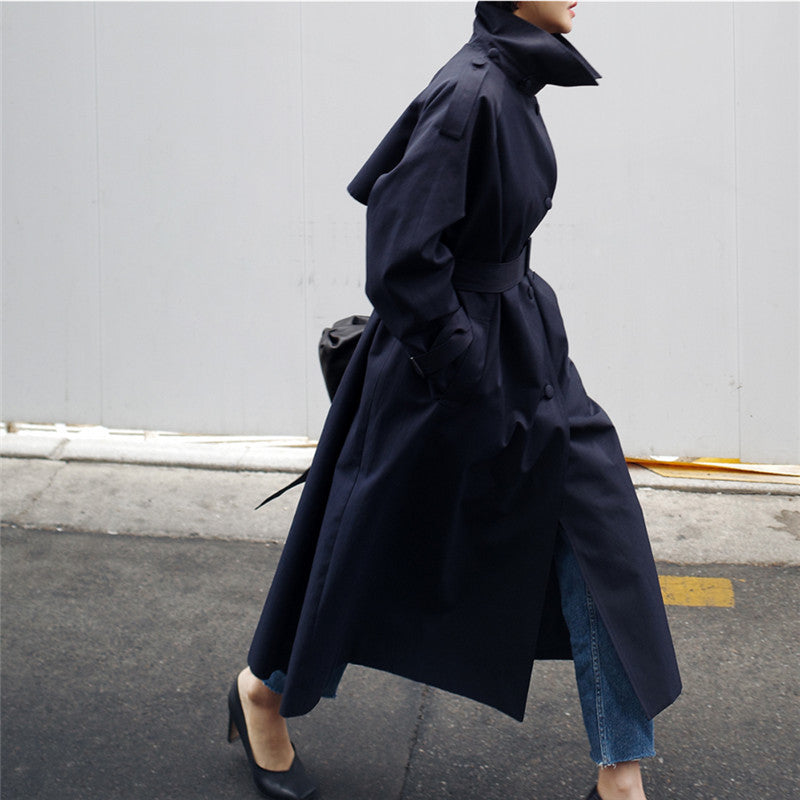 Long Trench Coat Waist Belt High Stand Collar Elegant