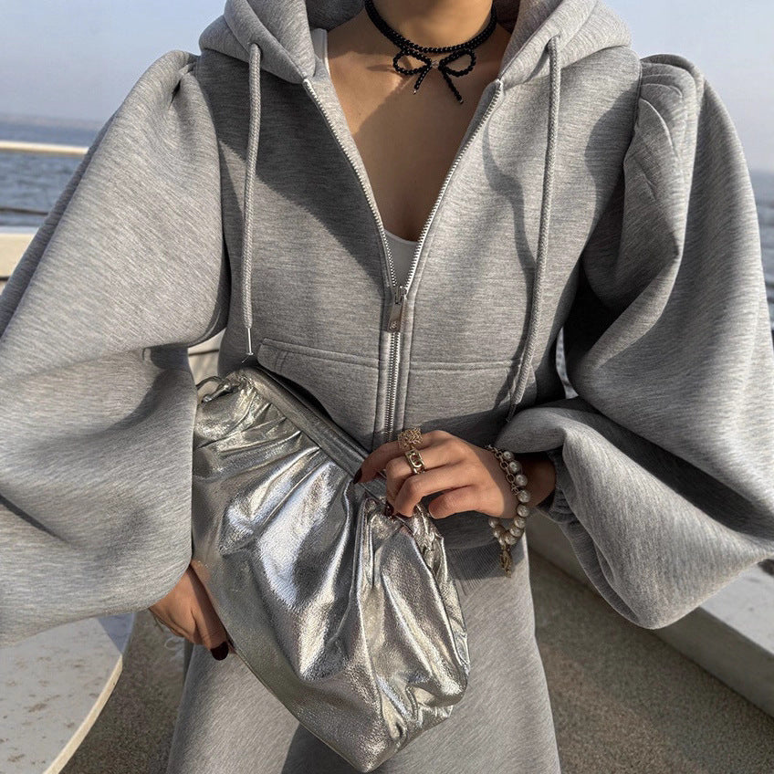 Sweat Set Balloon Sleeves Flared Midi Skirt Two Piece