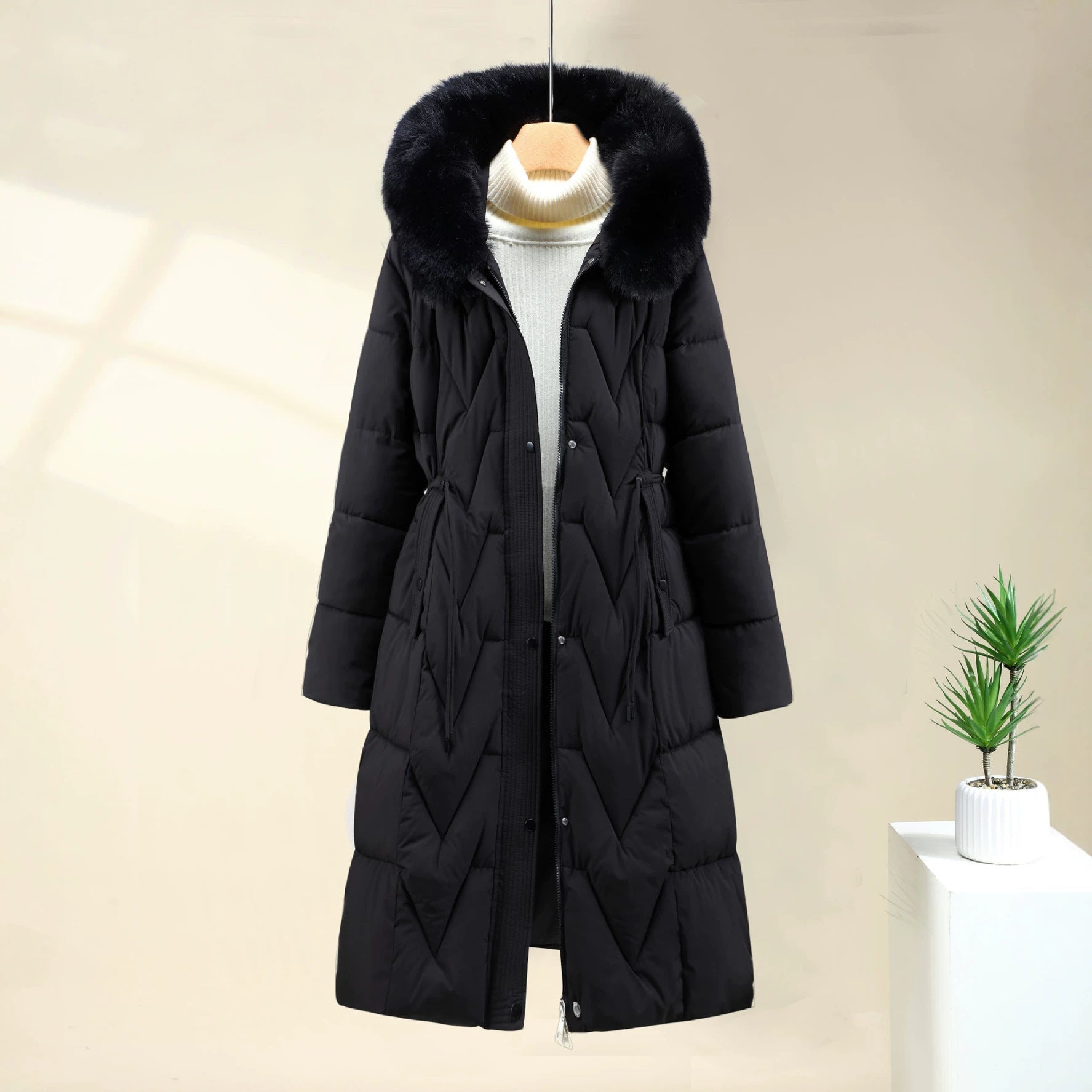 Long Quilted Parka Faux Fur Hood Ribbed Cuffs Winter