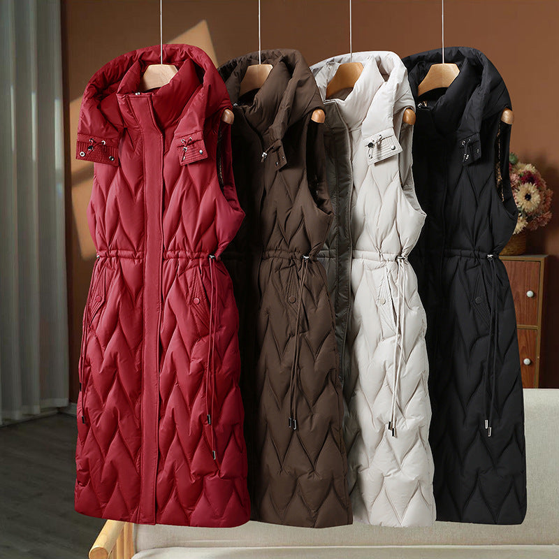 Long Quilted Gilet Hooded Adjustable Drawstring Waist